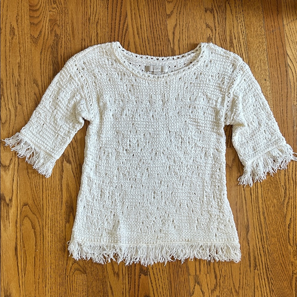 LOFT Crochet Knit Sweater with Fringe Ivory S